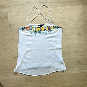 French Connection White Smocked, Embroidered Floral Camisole